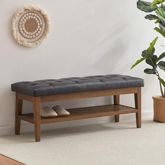 HUIMO PU Leather Entryway Shoe Bench, Button Tufted End of Bed Bench,Black