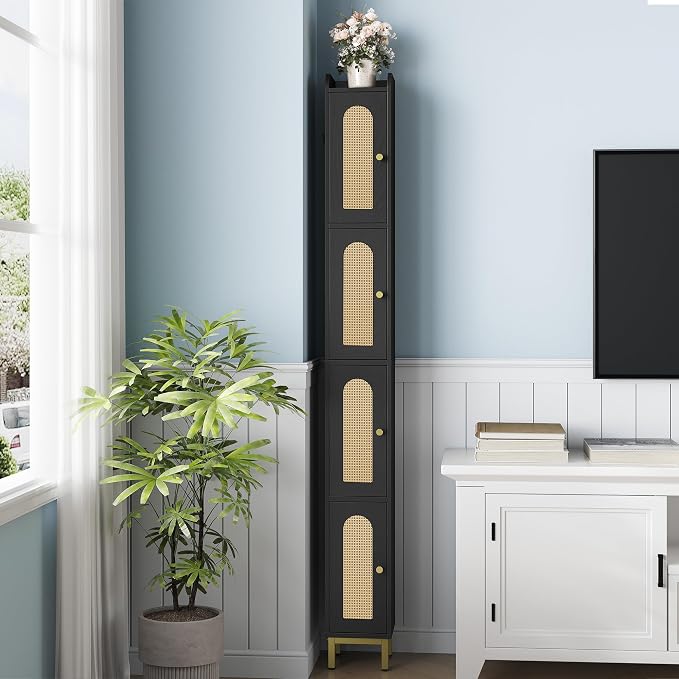 Hzuaneri 4-Tier Narrow Tall Storage Cabinet | Slim Bathroom Storage Cabinet with 4 Adjustable Feet and Shelves,for Living Room,Laundry Room,Rattan Black,7.9"Dx7.9"Wx70.9"H