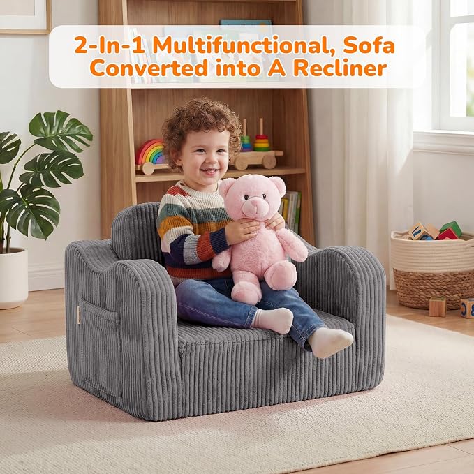 MeMoreCool Kids Chair, 2-in-1 Corduroy Fold Out Sofa, Foam Seat, Light Grey