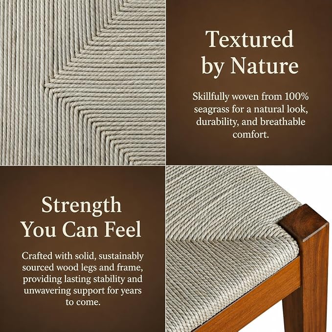 46-Inch Acacia Wood Bench with Natural Seagrass Woven Seat, Indoor Bench