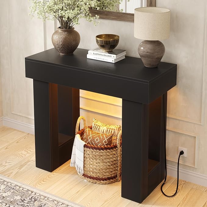 Unikito 39" Entry Table with Sensor Light and Power Outlets, Black