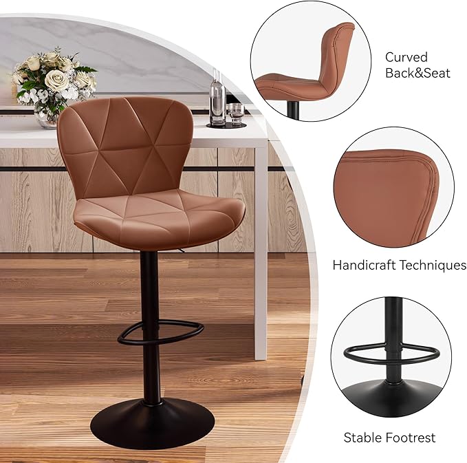Nalupatio Modern Bar Stools Set of 4, Faux Leather Upholstered Swivel Bar Stools, Adjustable Counter Height Bar Chairs with Back for Kitchen Island, Rust