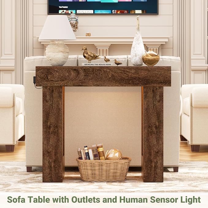 Unikito 39" Entry Table with Sensor Light and Power Outlets, Rustic Oak