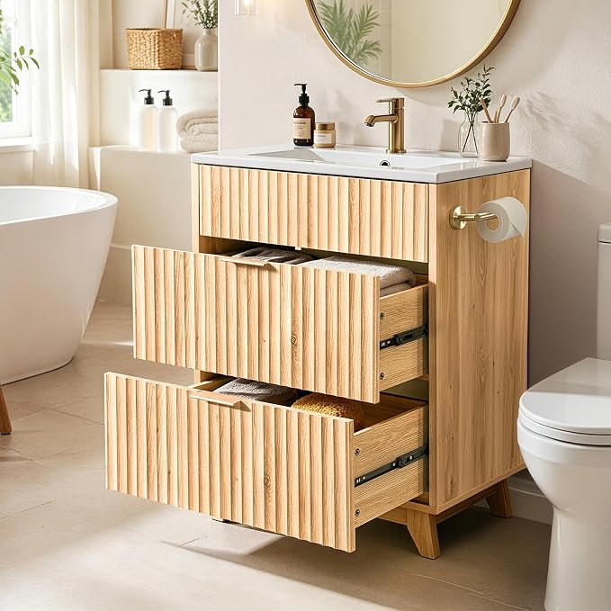 VINGLI 24 Inch Bathroom Vanity with Sink, Modern Fluted Bathroom Vanity Cabinet with Drawers, Freestanding Oak Bathroom Sink Cabinet, Ceramic Basin, Side Toilet Paper Holder, Oak