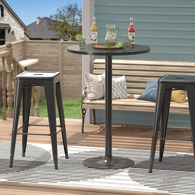 Furmax Bistro Pub Table 2 Pack Round Bar Height Cocktail Table Metal Base MDF Top Obsidian with Black Leg 23.8-Inch Top, 39.5-Inch Height (Black)