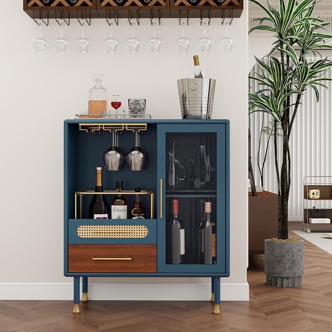 ARTPOWER Modern Coffee Bar Cabinet with Pull-Out Wine Storage, Blue