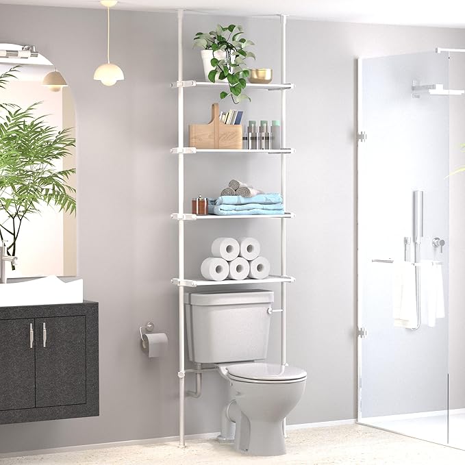 Home Zone Living Over-the-Toilet Organizer Bathroom Storage Organizer | Tension-Mounted Design with Adjustable 4-Tier Shelves, for Ceilings 91" to 114" High, White
