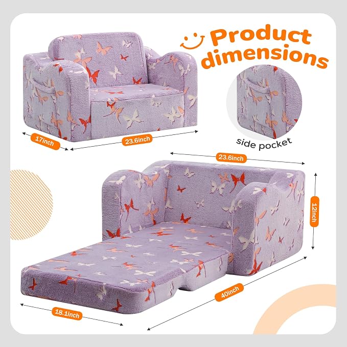 MeMoreCool Kids Couch, Glow Dark Butterfly Fold Out Sofa, Girls, Lavender