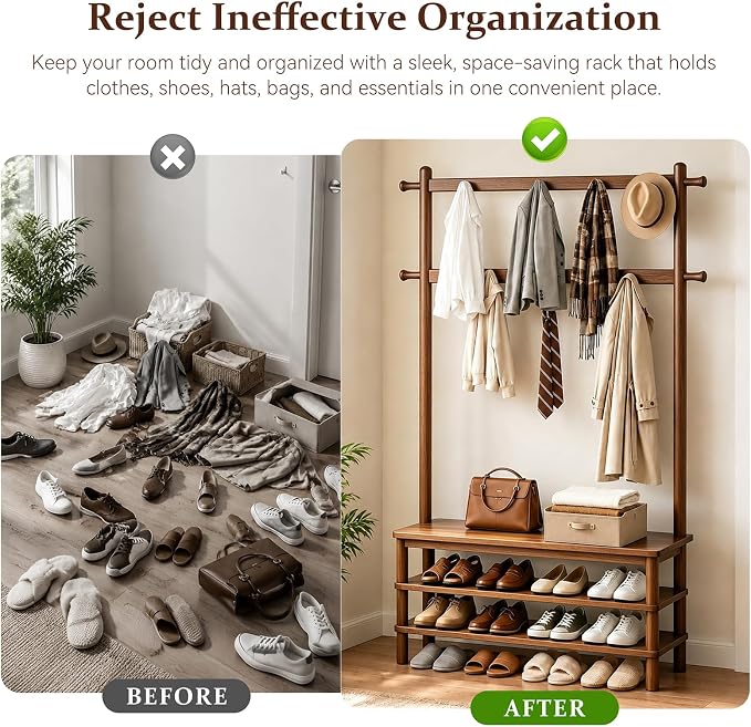 Solid Wood Hall Tree with Bench, Shoe Rack & 11 Hooks 35.0''