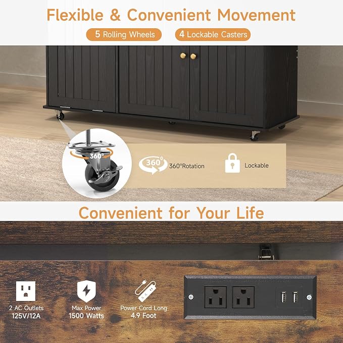 ONBRILL 60" Kitchen Island with Trash Can Storage, Black+Rustic Brown