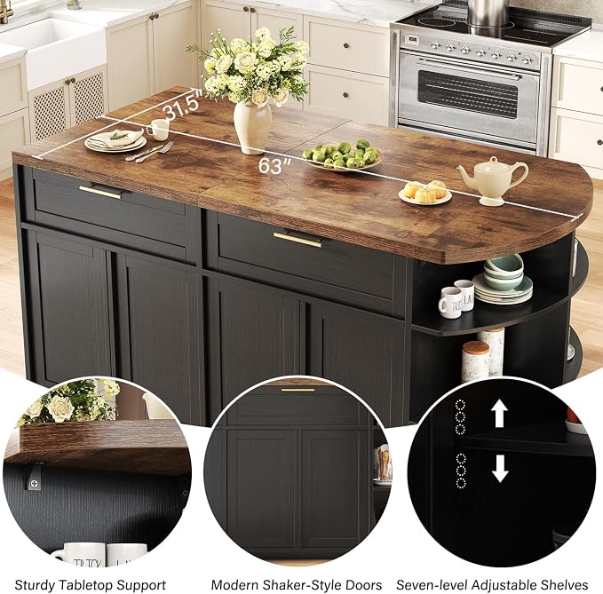 HSH 63 Inch Large Kitchen Island with Storage and Seating, Rustic Brown