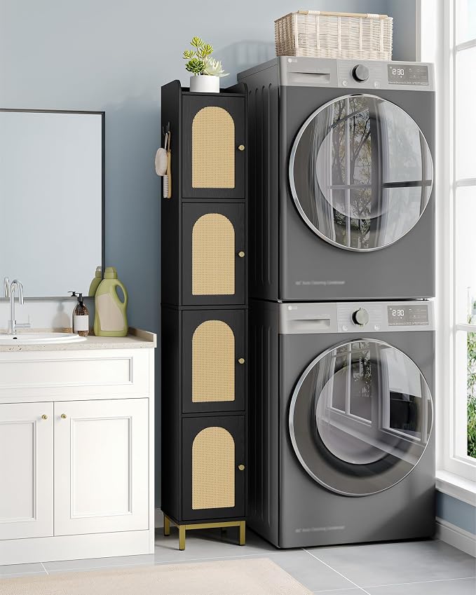 Hzuaneri 4-Tier Narrow Tall Storage Cabinet | Slim Bathroom Storage Cabinet with 4 Adjustable Feet and Shelves,for Living Room,Laundry Room,Rattan Black,11"Dx11"Wx70.9"H