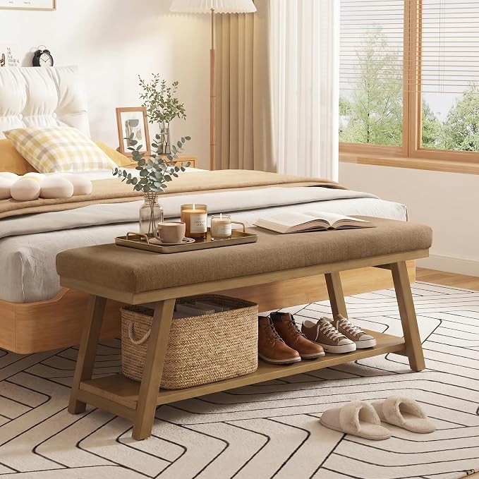 Zihanhome 45" Entryway Bench Upholstered Storage Bench for Bedroom(Brown)