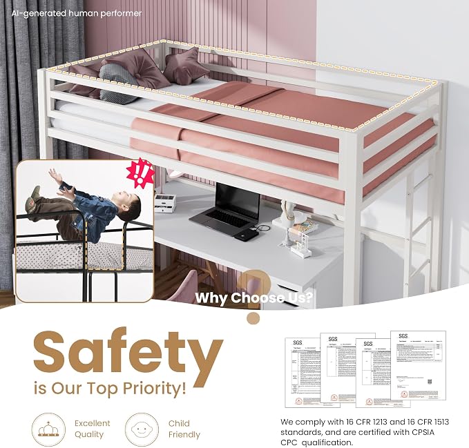 SHA CERLIN Loft Bed Twin Size with Ladder and Guardrail,White
