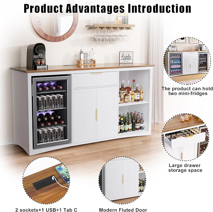 GDLF 70.1" Coffee Bar Cabinet with Fridge Space, Fluted Sideboard,White