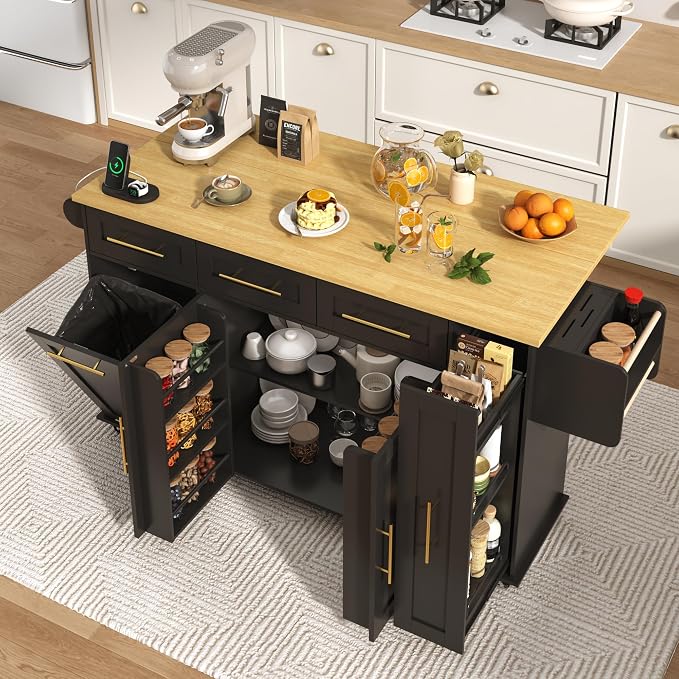 St.Mandyu 69" Large Kitchen Island on Wheels, Kitchen Rolling Island Cart with Trash Storage Cabinet, Power Outlet, 3-Tier Pull-Out Storage Trays, Drop Leaf, Mobile Island Table for Kitchen, Black