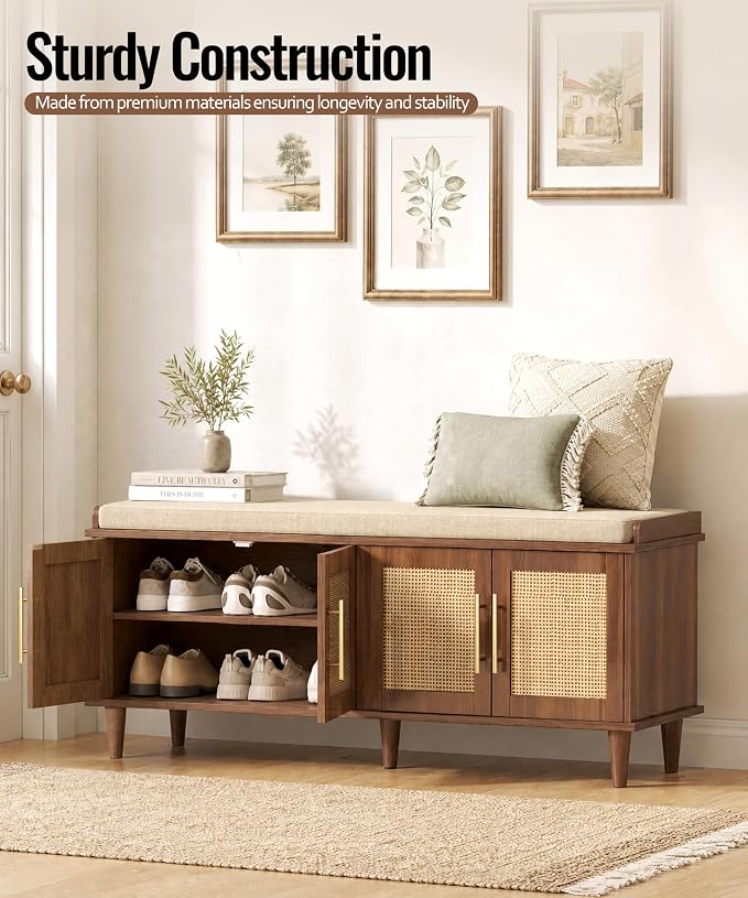 Akxomel 47.2" Rattan Shoe Storage Bench 4 Doors Entryway Bench Walnut