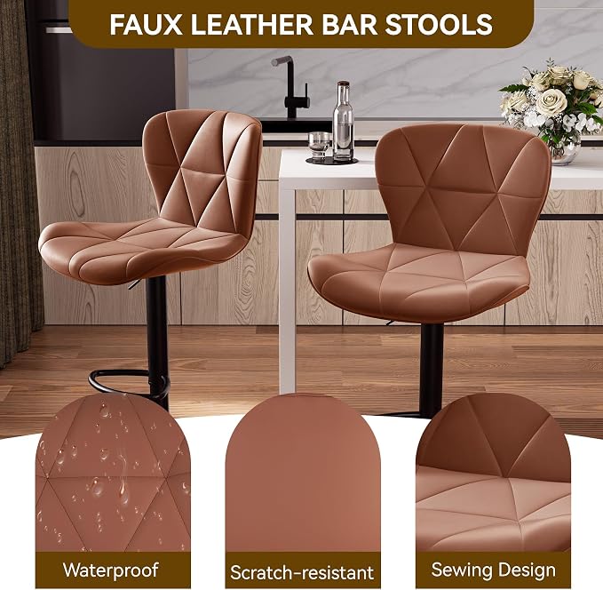 Nalupatio Modern Bar Stools Set of 3, Adjustable Faux Leather Upholstered Swivel Bar Stools, Counter Height Bar Chairs with Back for Kitchen Island, Rust
