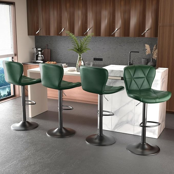 Nalupatio Modern Bar Stools Set of 2, Adjustable Faux Leather Upholstered Swivel Bar Stools, Counter Height Bar Chairs with Back for Kitchen Island, Green
