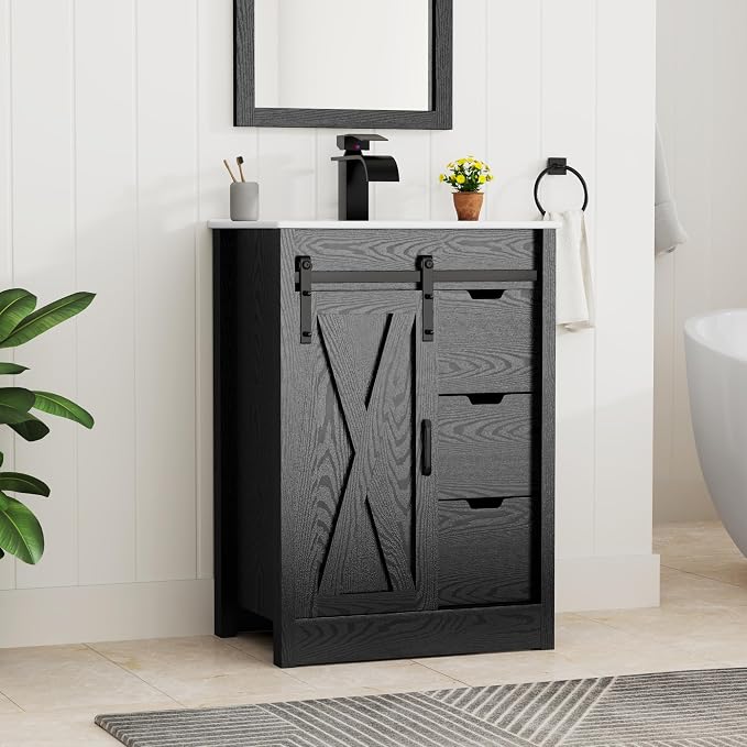 24" Farmhouse Bathroom Vanity with Sink & Faucet & Mirror, Wood Grain Black | Sliding Barn Door, 3 Handleless Drawers, Single Vanity Combo for Small Space