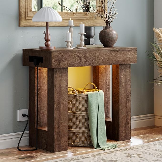 Unikito 39" Entry Table with Sensor Light and Power Outlets, Rustic Oak