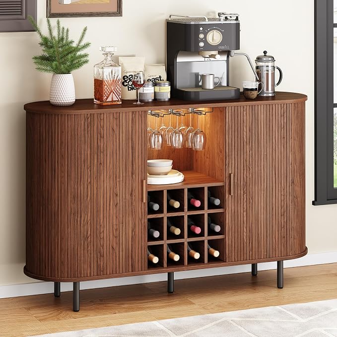 ONBRILL 55" Fluted Wine Bar Cabinet with LED Light Walnut