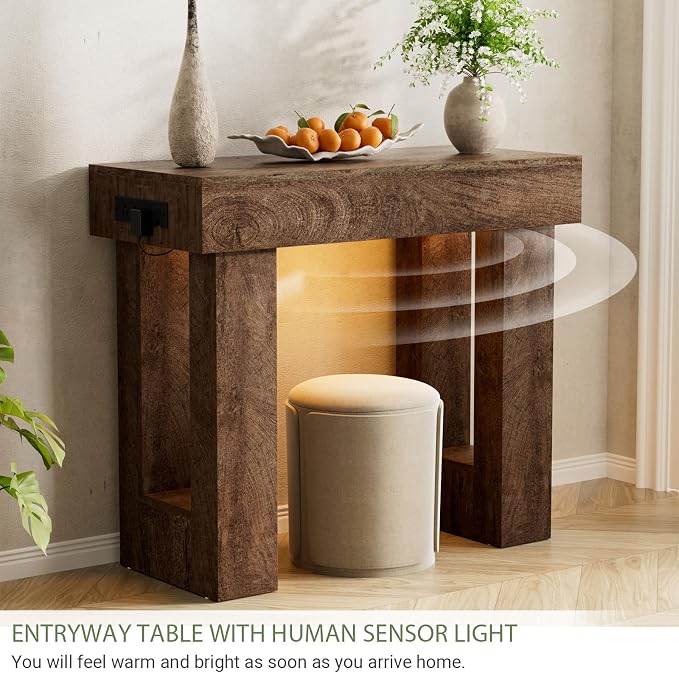 Unikito 39" Entry Table with Sensor Light and Power Outlets, Rustic Oak