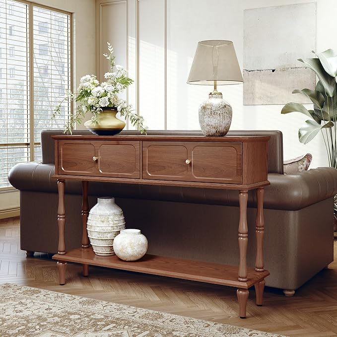 ARTPOWER 47" Mid-Century Console Table, 2 Drawers and Open Shelf, Brown