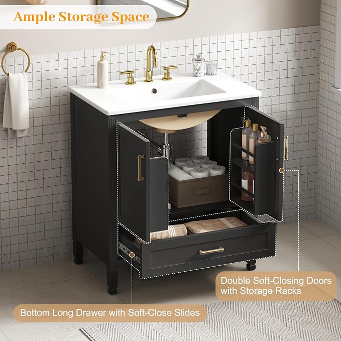 Merax 30" Bathroom Vanity with Undermount Ceramic Sink, Cabinet with Two Door Rack Shelves and One Drawer, Soft Closing Doors, Black