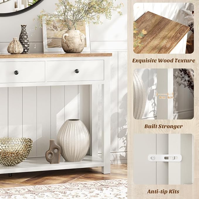 Homieasy Farmhouse Console Table with 3 Drawers, 47 Inch Wood Sofa Table with Storage Shelf for Living Room, Behind Couch, Entryway Table for Hallway, Living Room, or Foyer, Brown and Antique White