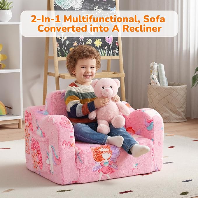 MeMoreCool Kids Chair, Glow Dark Pink Fairy Fold Out Sofa Seat for Girls