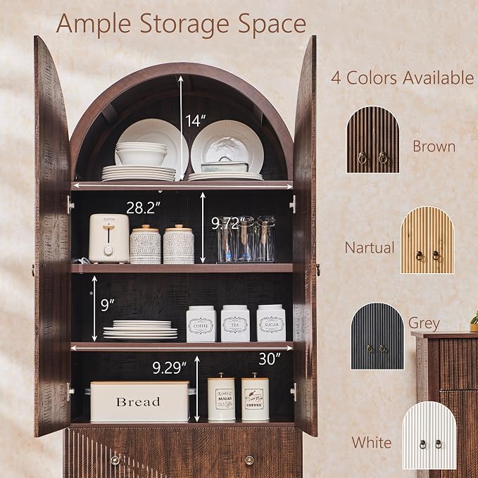 IFGET 71" Tall Arched Pantry Cabinet, Fluted Kitchen Storage Cabinet with Adjustable Shelves and 2 Large Drawers, Freestanding Morden Versatile Cupboard for Living Room, Bathroom, Brown