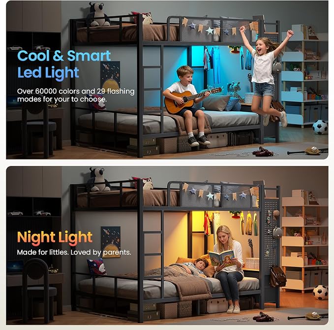 Itaar Metal Bunk Bed Full Over Full with Hall Tree, Power Outlet, LED Bunk Bed with 6 Storage Drawers, Bed with 13‘’ Safety Guardrail & Ladders for Kids and Teen, 400lb Weight Capacity, Rustic Brown