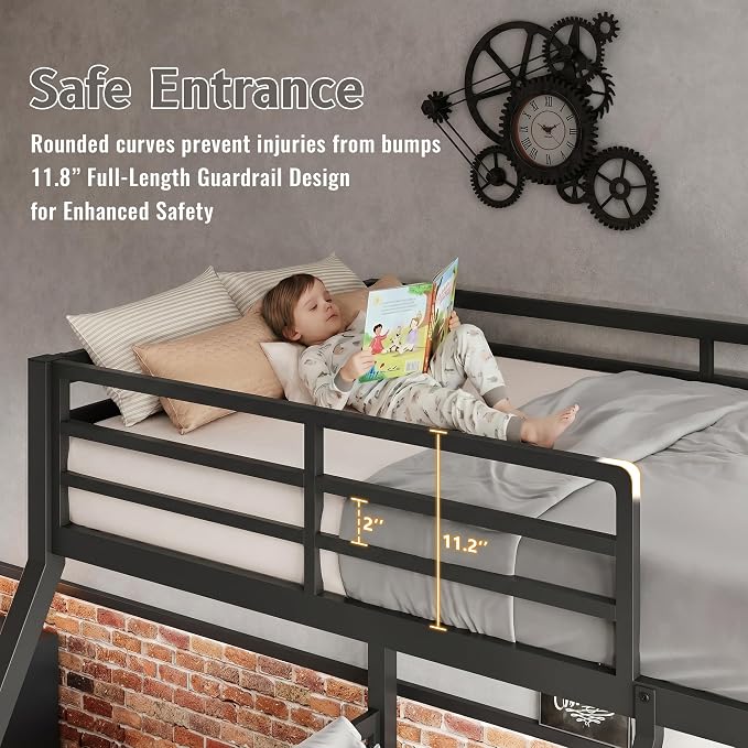 Feonase Metal Bunk Bed Twin Over Full with Ladder and High Guardrail, Heavy-Duty Metal Slats Support, Noise Free, No Box Spring Needed, for Kids and Juniors, Black