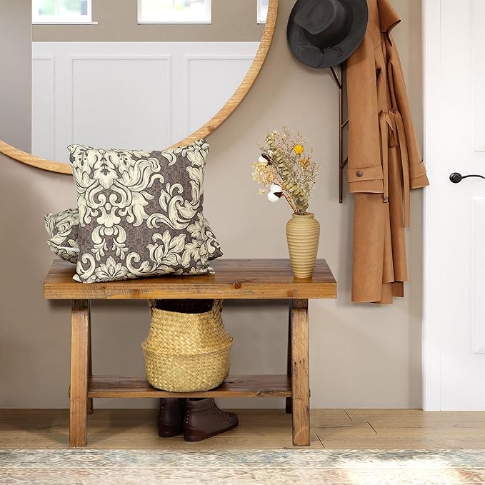 Wnutrees 30" Farmhouse Solid Wood Bench, Rustic Indoor Storage Bench