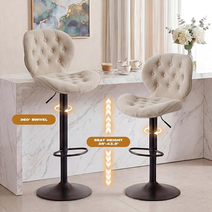 GRUSIGN Bar Stools Set of 2, Modern Swivel Adjustable Bar Chairs, Chenille Fabric Upholstered Counter Height Bar Stools with Backrest, Comfort Barstools for Kitchen Island, Home Bar, Khaki