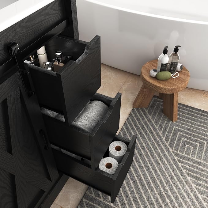 24" Farmhouse Bathroom Vanity with Sink & Faucet & Mirror, Wood Grain Black | Sliding Barn Door, 3 Handleless Drawers, Single Vanity Combo for Small Space