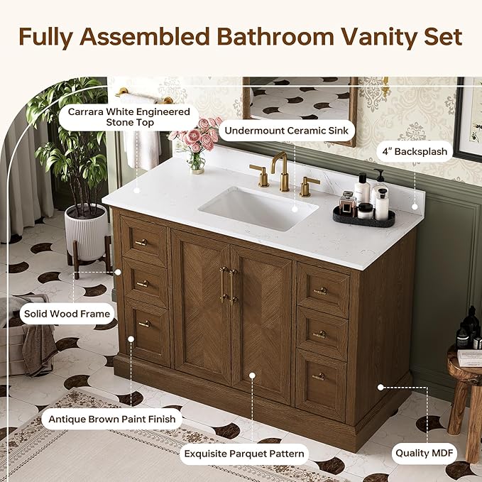 48 Inch Bathroom Vanity with Sink, Solid Wood, Walnut | Fully Assembled Freestanding Bathroom Vanity, Soft Close Parquet Doors & Dovetail Drawers, Vanity for Bathroom Renovation
