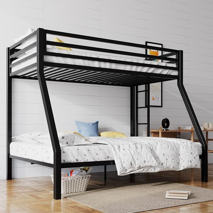 SHA CERLIN Bunk Bed Twin Over Full Size with Ladder and Guardrail,Black