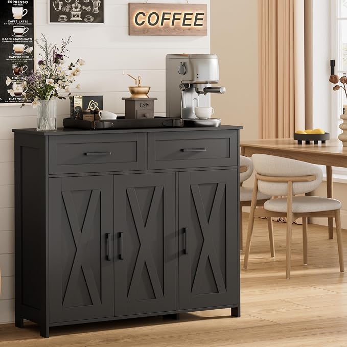 Homhedy Coffee Bar Storage Cabinet with Drawers, Kitchen Buffet Cabinet