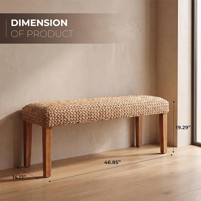 Solid Wood Acacia Indoor Bench, 47 Inch Water Hyacinth Seat, Fishbone Style