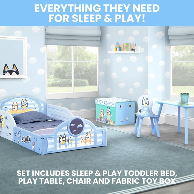 Delta Children - Bluey 4-Piece Toddler Room-in-a-Box Set – Includes Sleep and Play Toddler Bed, Table, 1 Chair and Fabric Toy Box, Blue