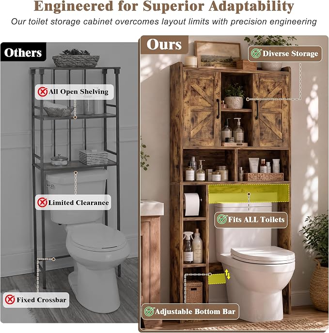 Farmhouse Over The Toilet Storage Cabinet with Barn Door, Reversible Side | 7-Tier Bathroom Organizer, Adjustable Shelves Bottom Bar, Detachable Paper Holder, Anti-Tipping, Laundry Room, Rustic Brown