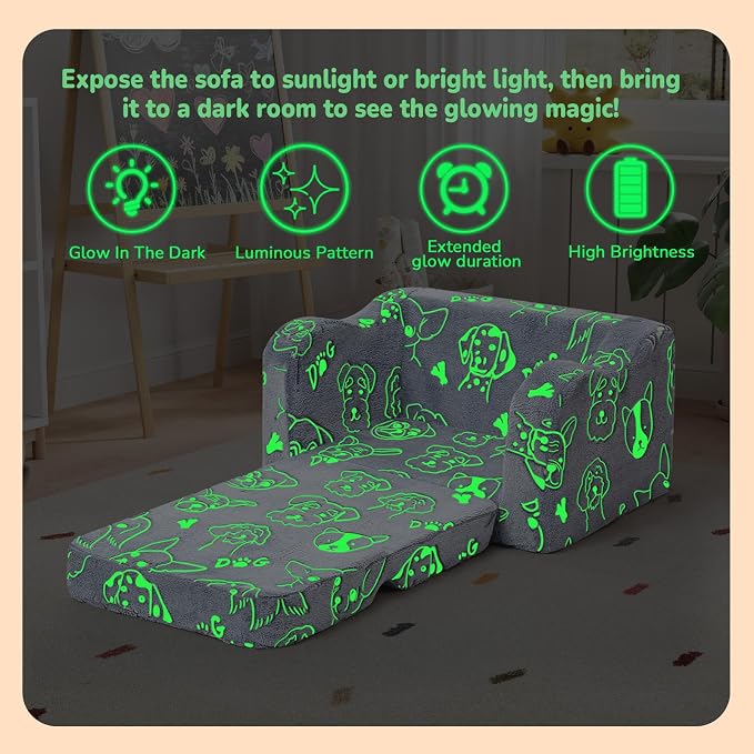 MeMoreCool Kids Couch, Glow Dark Dog Fold Out Sofa Chair, Foam, Washable