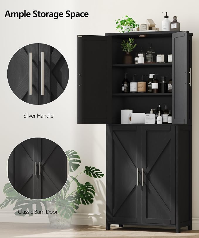 Akxomel 63''H Tall Farmhouse Bathroom Storage Cabinet with 4 Doors Black | Floor Storage Cabinet with Barn Doors, Adjustable Shelf, Pantry Cabinet for Kitchen, Laundry Room, Living Room, Entryway