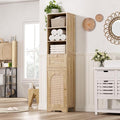 Tall Narrow Rattan Bathroom Storage Cabinet with Doors and Drawers, Natural | Freestanding Skinny Tower Linen Cabinet, Rattan Door, Rattan Drawer, Adjustable Shelves, Open Storage, for Kitchen, Bathroom