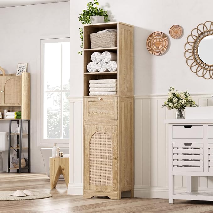 Tall Narrow Rattan Bathroom Storage Cabinet with Doors and Drawers, Natural | Freestanding Skinny Tower Linen Cabinet, Rattan Door, Rattan Drawer, Adjustable Shelves, Open Storage, for Kitchen, Bathroom