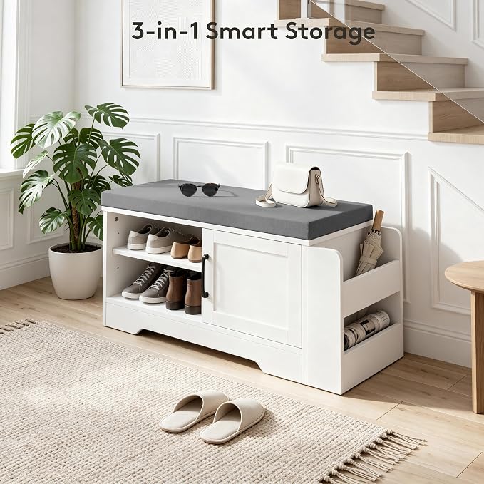 Farmhouse Shoe Storage Bench with 3-in-1 Entryway Storage & Padded Seat