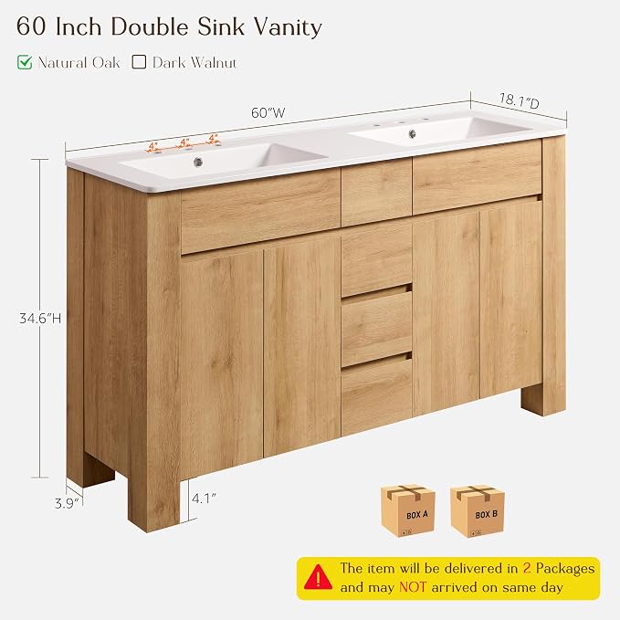 T4TREAM 60 Inch Modern Bathroom Vanity with Double Sink, Natural Oak | Integrated Resin Sink, 4 Soft-Close Doors & 3 Drawers, Handle-Free Design, Thick Heavy-Duty Legs, Oak Grain Finish.