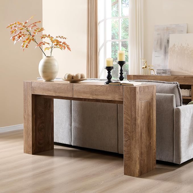 OKD 63" Console Table with Drawers, Thick Block Entryway Table, Light Oak